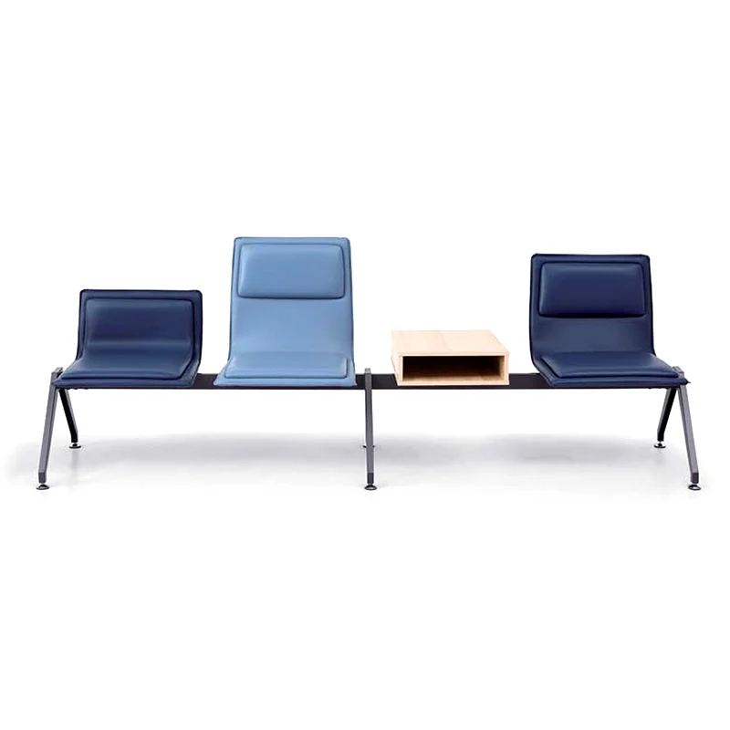 Three-seater leather bench with integrated side table and cup holders, premium seating for airport business lounges and first-class waiting areas.