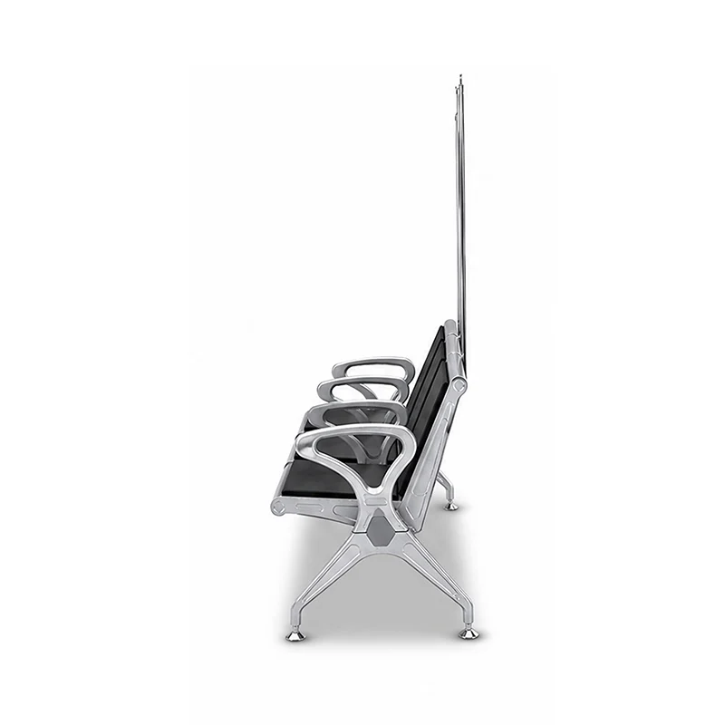 front elevation of medical clinic 3 seat chair showing three equal seating positions on one base.
