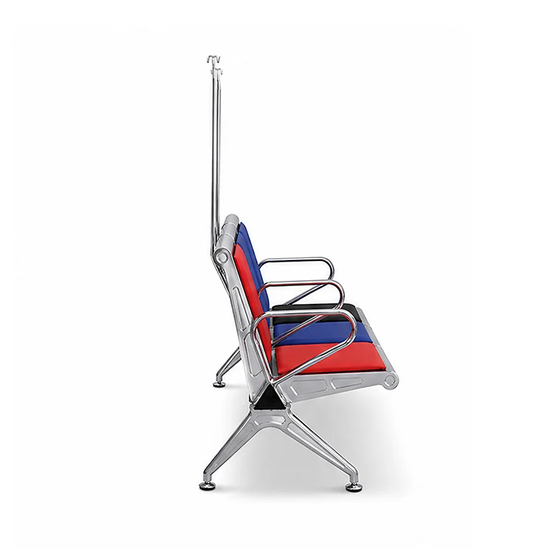 angle shot of medical facility 3 seat bench showing long continuous cushion and sturdy frame.