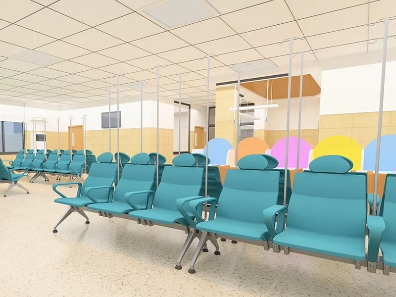 medical infusion chair featuring integrated iv pole on left armrest for convenient nurse access.