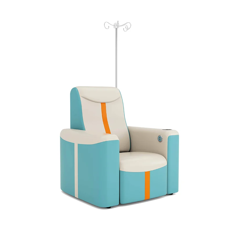 close up of medical treatment chair armrest with soft pu padding for elbow support during iv therapy.