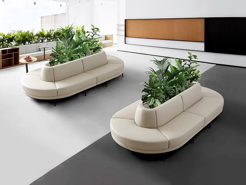 modular fabric lounge set for hotel lobby with reconfigurable pieces for flexible public seating arrangements