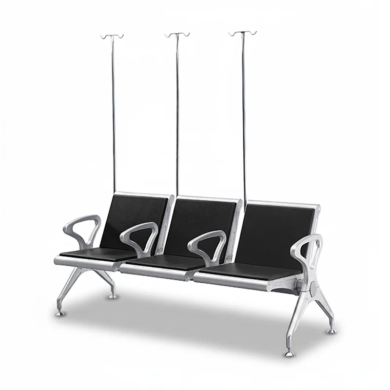 pu 3 seater patient bench with stainless steel legs and anti-slip floor caps for safe installation.