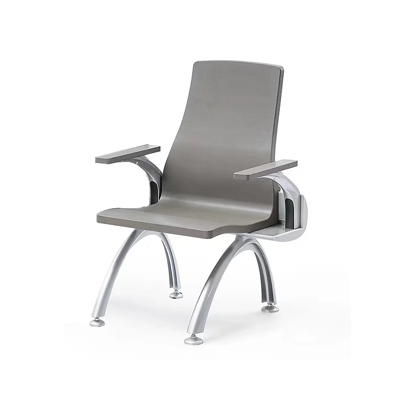 Single iron waiting chair for airport security checkpoint queue area.