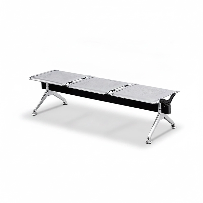 3-seat stainless steel public long seating bench without armrests for transport terminal. Heavy-duty metal frame.
