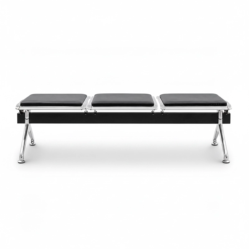 3-seat stainless steel public metal bench no armrests for shopping mall waiting. Heavy-duty commercial seating.