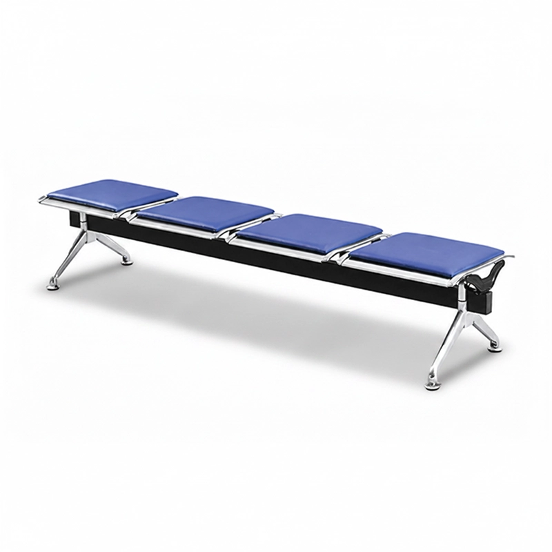 4-seat stainless steel commercial lobby bench no armrests for office building. Heavy-duty perforated seats.