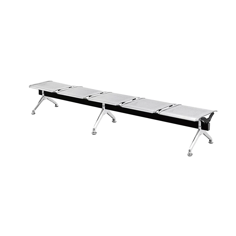 5-seat stainless steel long waiting seating bench without armrests for airport area. Heavy-duty metal.