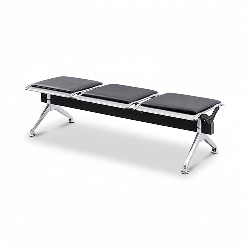 5-seat stainless steel medical waiting room bench without armrests for large clinic. Heavy-duty strong frame.