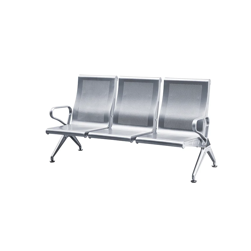 Polished stainless steel armrest on airport waiting chair with ergonomic curve.