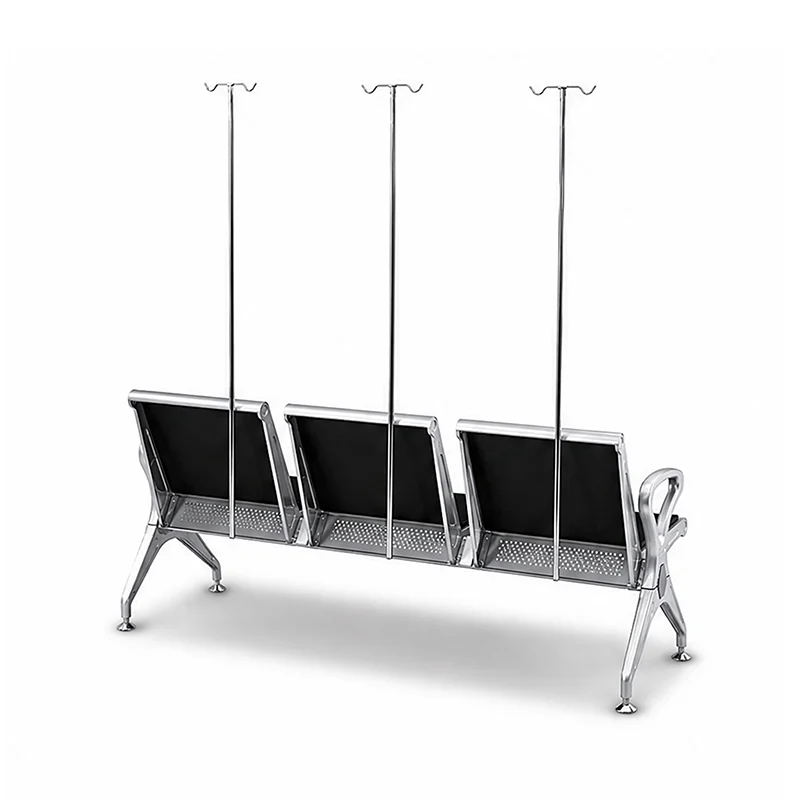 side view of three seater hospital bench demonstrating continuous beam construction and stability.