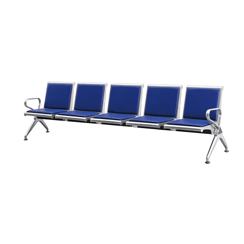 Train station platform waiting bench with weather resistant coating for outdoor use.