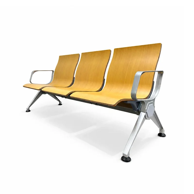 Airport waiting chairs with integrated backrests and seats made from solid wood multilayer panels.