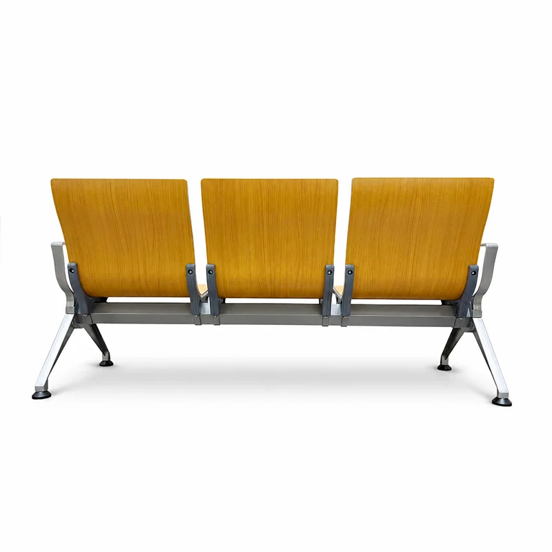 Airport waiting chairs with integrated backrests and seats made from solid wood multilayer panels.