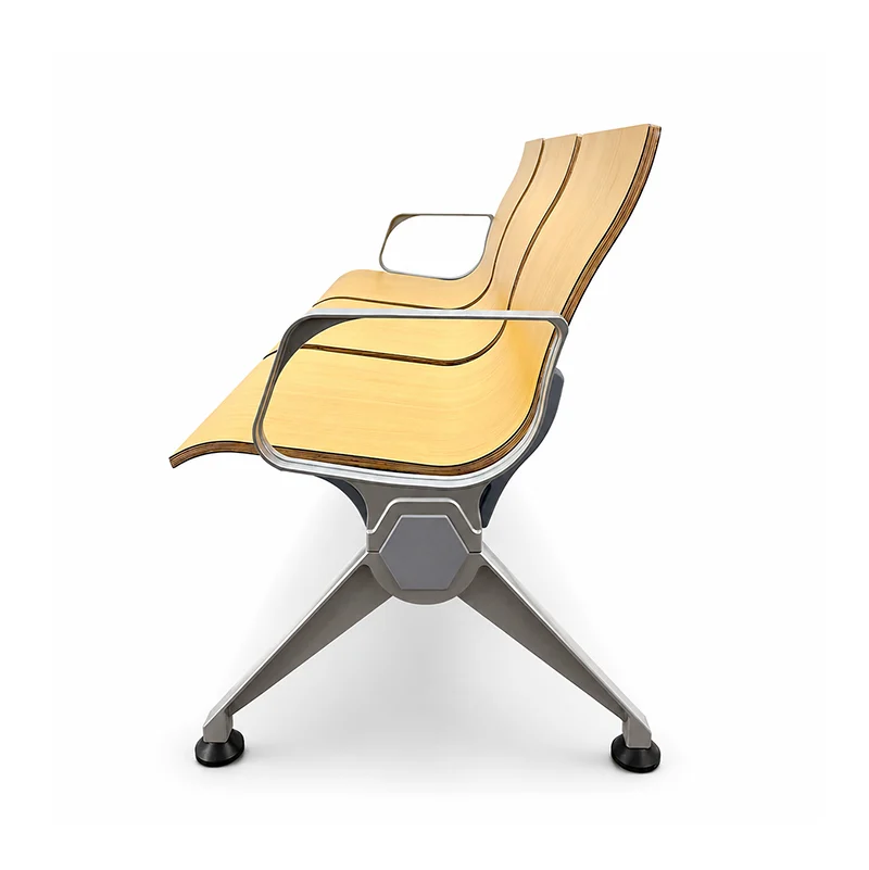 Airport waiting chairs with integrated backrests and seats made from solid wood multilayer panels.