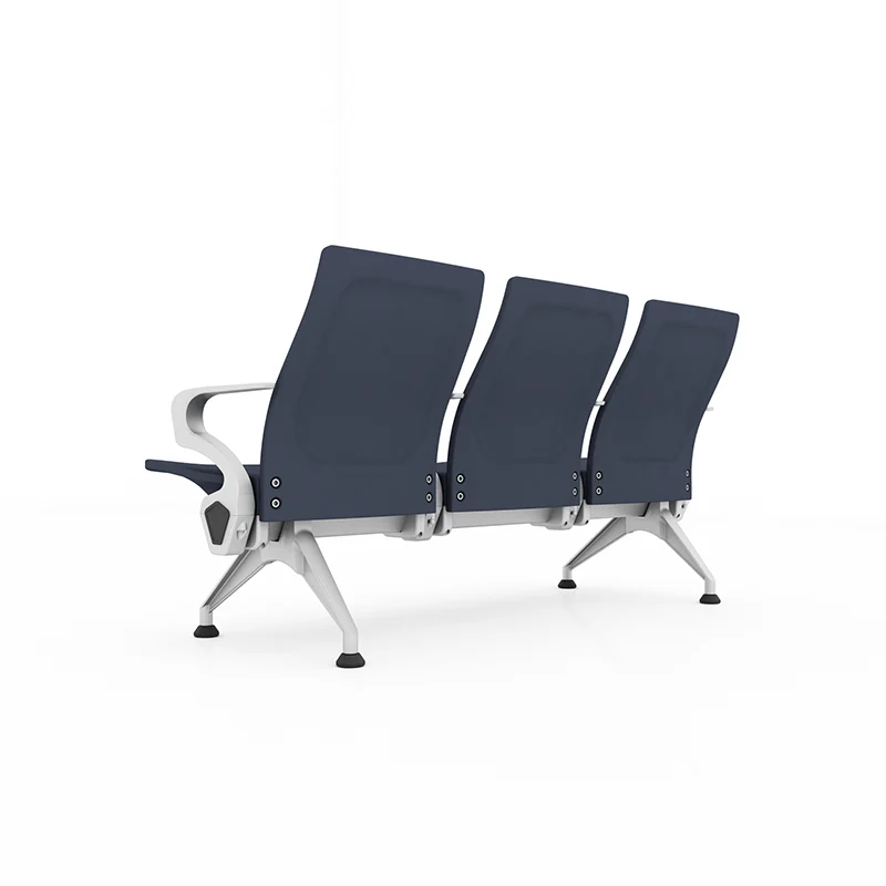 Wider aisle armrest on end of waiting chair row for passenger support.